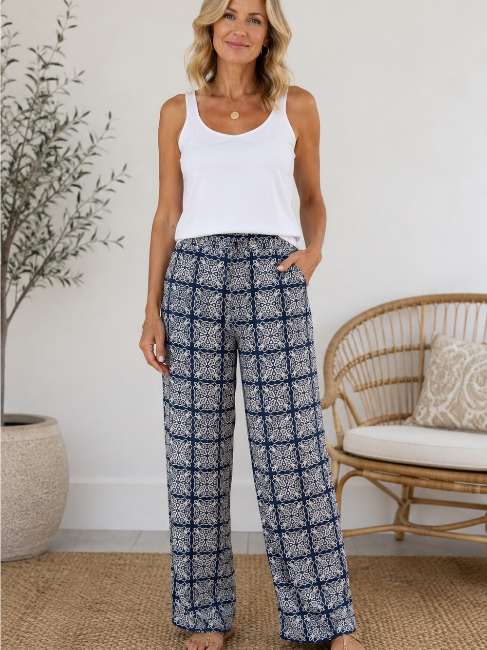 Boden Navy and White Wide Leg Printed Palazzo Pants